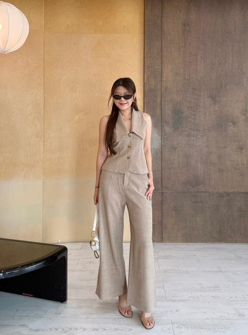 Two Piece Turn Down Collar Single Breasted Button Top with Trouser